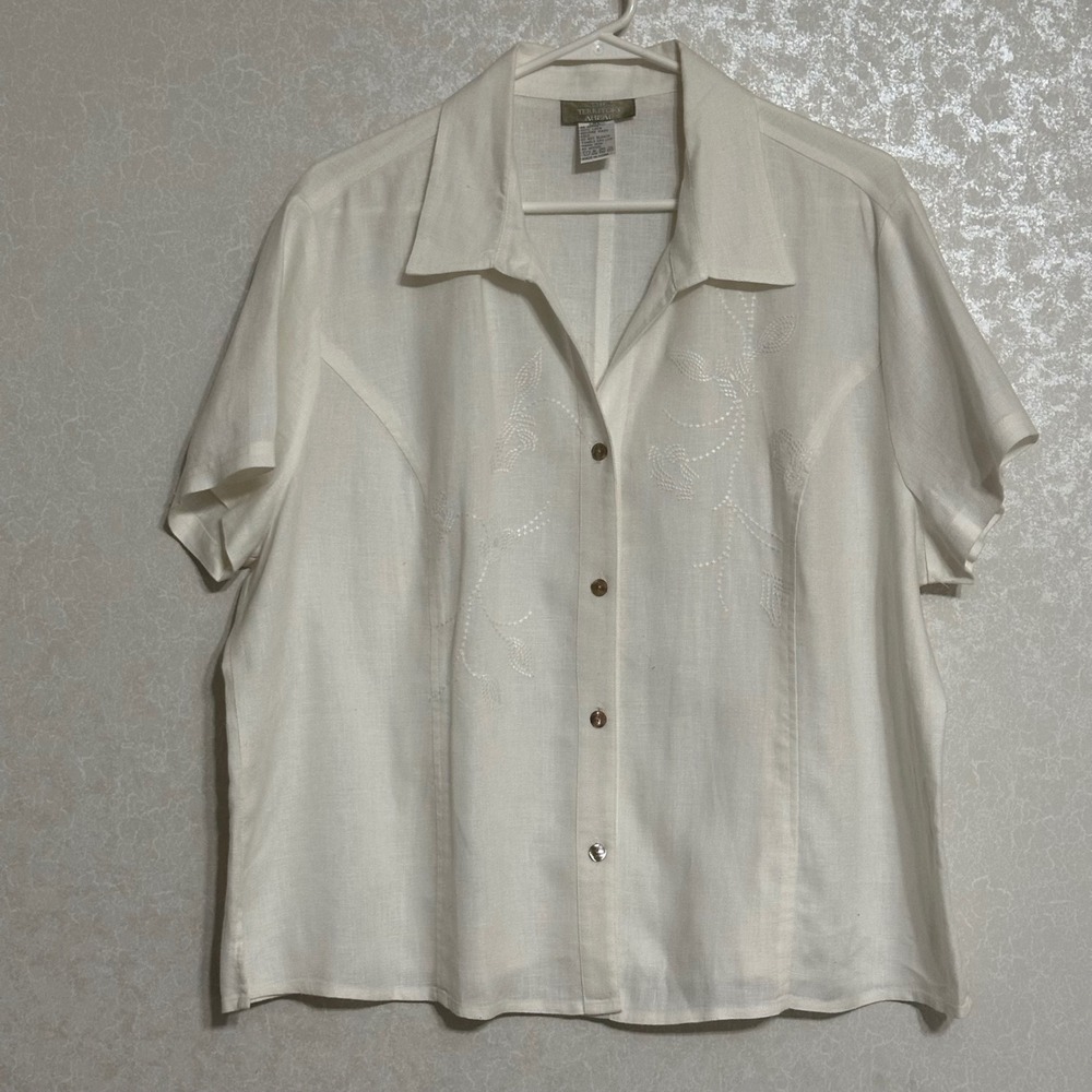 The Territory Ahead Floral Embroidered 100% Linen Camp Shirt Ivory Minimalist XL